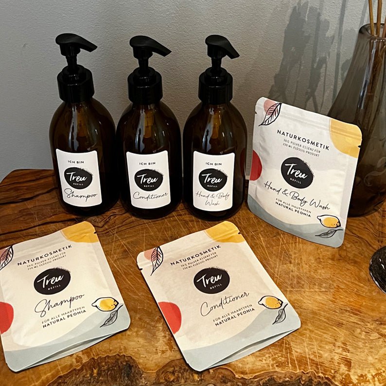 Startset biologische shampoo, conditioner, hand & body wash inclusief navulglazen flesjes