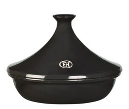  Black ceramic tajine with conical dome lid, round wide base, 320mm diameter cooking vessel
