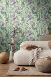 Non-woven vintage floral wallpaper in shades of blue, green, and purple with leaves, flowers, and berries.