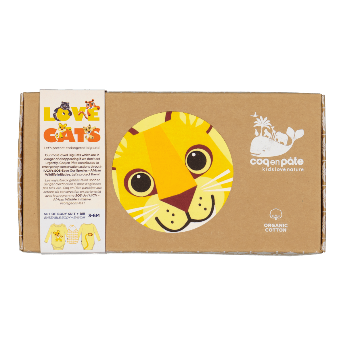 Conjunto de body y babero de manga larga | Algodón orgánico | León | regalo de nacimiento