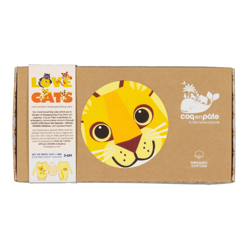 Set Body manches longues & Bavoir | Coton bio | Lion | Cadeau naissance