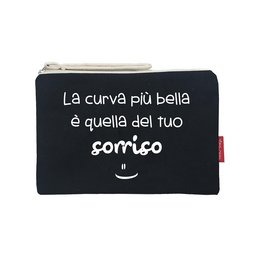 A black and white toiletry bag with the text "La curva più bella è quella del tuo sorrico" printed on it. The bag has a zipper closure and a handle for easy carrying.