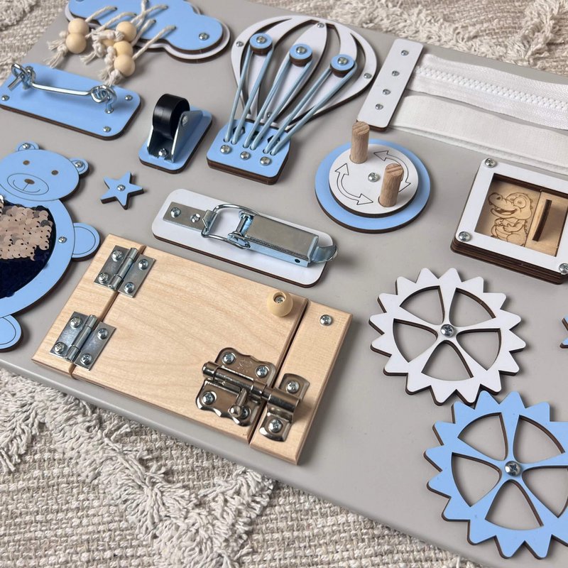 Handcrafted Extra Small Blue & Grey Busy Board– Baby boy XS