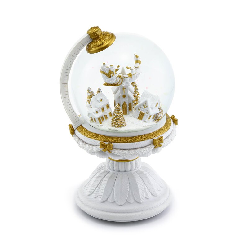 Die kugelförmige Weihnachtsschneekugel mit automatischem Schneesturm und Lichtern.