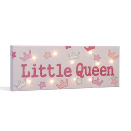 Decorative LED light canvas with "Little Queen" text and various princess-themed icons. Suitable for a child's bedroom or nursery.