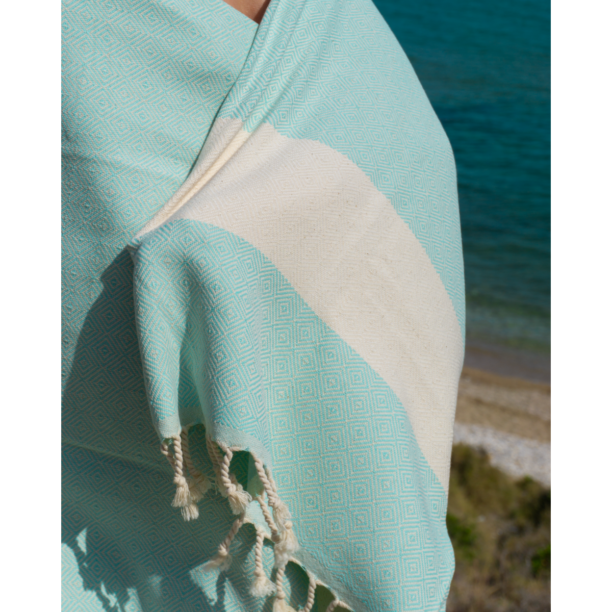DIAMANT Telo da spiaggia e sauna per Hammam in cotone – Senza sabbia – Menta - 180x100 cm