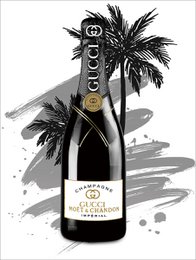 # Product Description

Black and white champagne bottle artwork with palm trees and artistic watercolor brushstrokes background design.