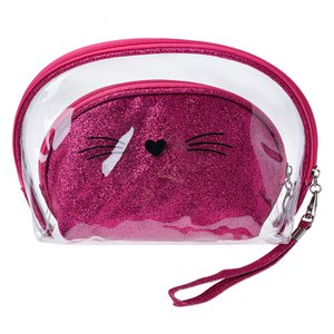 Kulturbeutel Damen 2er-Set 24x15 / 19x12 cm Rosa Polyurethan Katze