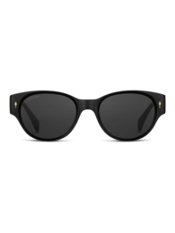 Black oval-shaped sunglasses with a sleek, modern design.