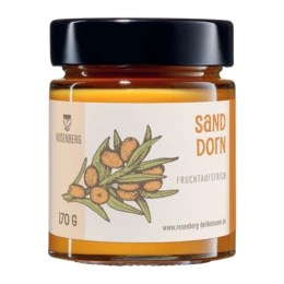 Organic sea buckthorn marmalade in 170 ml, 230 ml, and 115 ml jars. Made from natural ingredients, this marmalade has a vibrant orange color and a sweet-tart flavor.