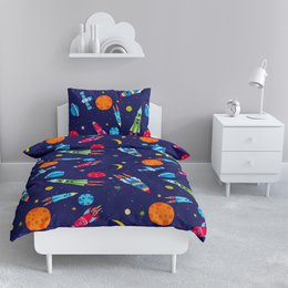 Renforce bed linen set 135x200cm in navy blue featuring an astronaut design with planets, rockets, and other space-themed elements. The set includes a duvet cover and pillowcase.