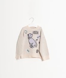 Cream-colored kids' sweater with a printed elephant design, available in sizes 2-3Y, 4Y, 6Y, 8Y, and 10Y.