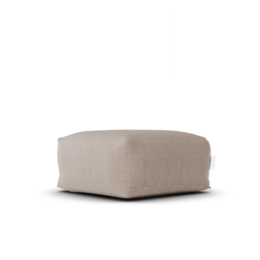 Taupe square pouf with boho-inspired design, suitable for use as a footrest, extra seating, or decorative accent in a living room or lounge area.