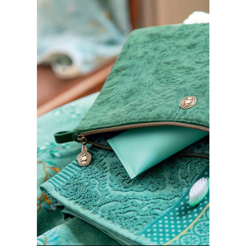 Cosmetic Flat Pouch Large Velvet Quilted Green 30x22x1cm