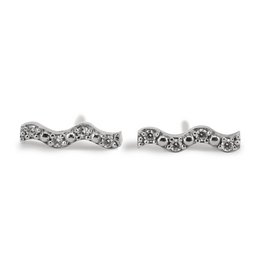 Silver-toned stud earrings with a wavy, curved design and embedded rhinestones for a touch of sparkle.