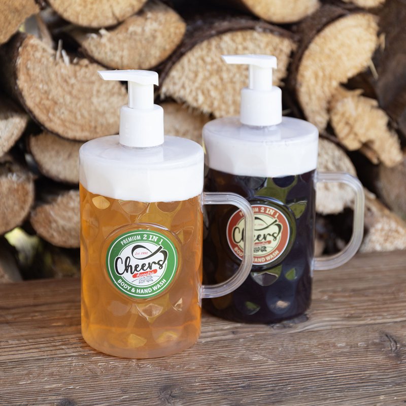 Distributeur de savon 2 en 1, chope à bière avec savon pour les mains. Acclamations! 720 ml