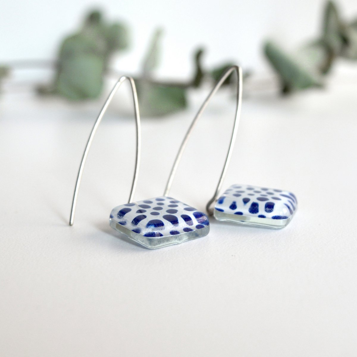 Cobalt blue Polka Dot earrings, Square glass charm dangle drop with long sterling silver hooks