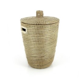 Woven laundry basket made of natural Kaisa grass, with a round, tall shape and a lid.