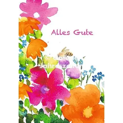 Watercolor card | Little bee & summer flowers | All the best