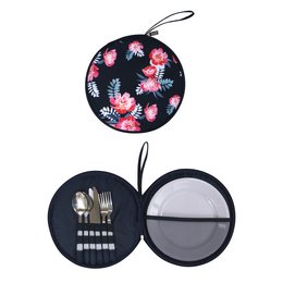 A round picnic cutlery set with a floral pattern on a black background. The set includes a carrying case and various utensils.