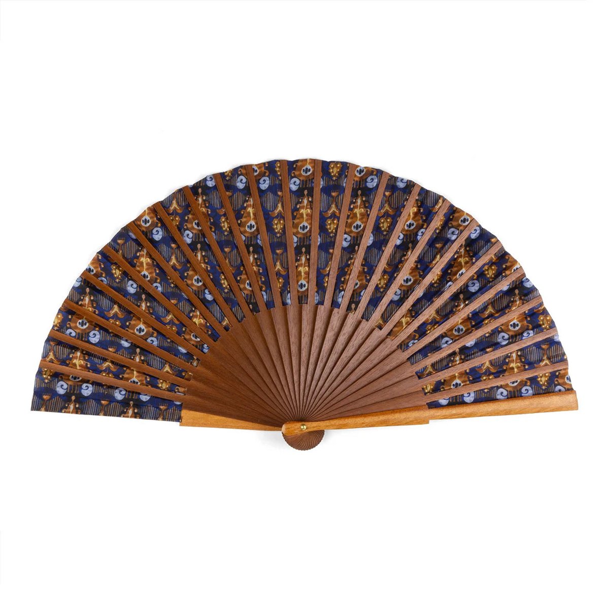 Ikat-geïnspireerde zijden ventilator-handgemaakt in Spanje met Bocapi-hout, blauwe en bruine print