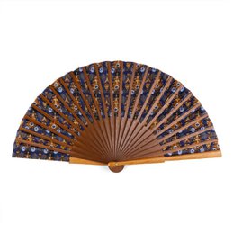 Ikat-geïnspireerde zijden ventilator-handgemaakt in Spanje met Bocapi-hout, blauwe en bruine print