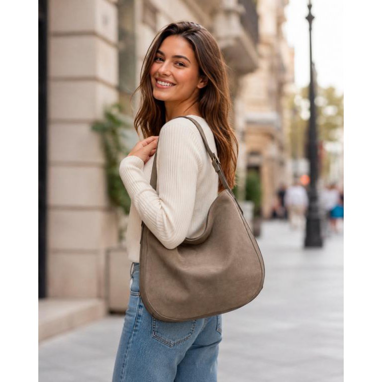 Leren Hobo-schoudertas met gespleten leren voorkant 58071
