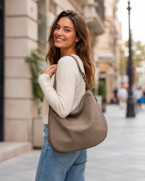 Leren Hobo-schoudertas met gespleten leren voorkant 58071