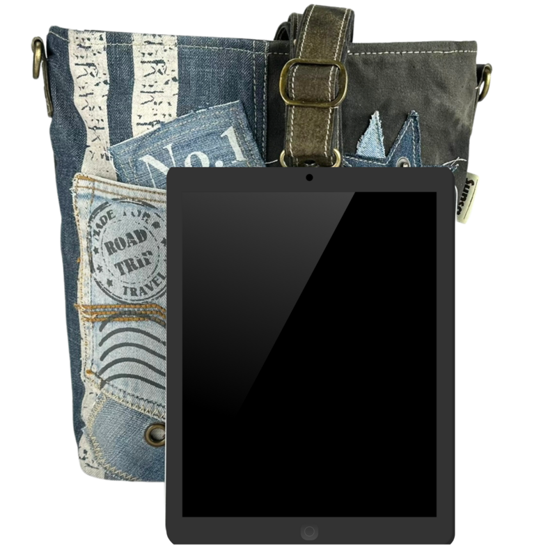 Sac bandoulière femme Sunsa. Sac bandoulière en jean et toile upcyclés. Sac à main style rétro vintage. Sac bandoulière pour femme.