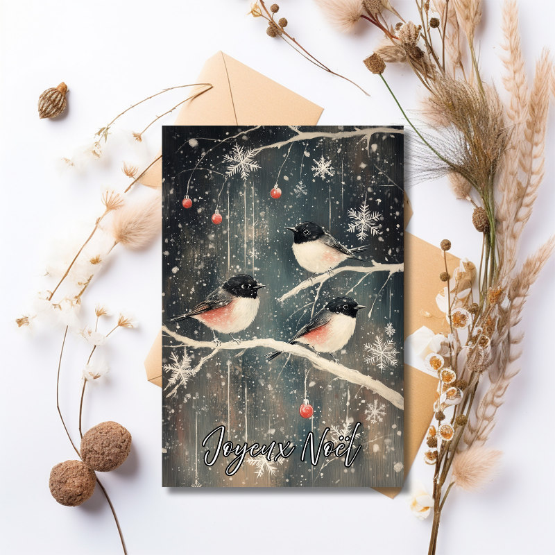Weihnachtskarte mit Vögeln in verschiedenen Sprachen mit Weihnachtswünschen, Französisch, Deutsch, Englisch und Niederländisch
