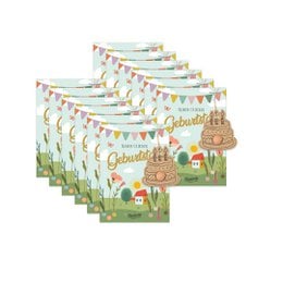  "Gift card with seed bomb - flowers for birthday - 12 pieces"

The image shows a set of 12 gift cards with a seed bomb design, featuring colorful bunting and a floral motif. The cards appear to be for a birthday celebration, with the text "Geburtstag" (German for "birthday") visible. The cards are surrounded by a potted plant and small orange cups, creating a nature-inspired, festive scene.
