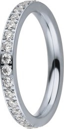 Stainless steel ring with 2mm zirconia stones in a pave setting, available in sizes 52, 58, 62, 54, 60, and 56.