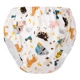 Colorful training pants with farm animal prints, suitable for diaper use.