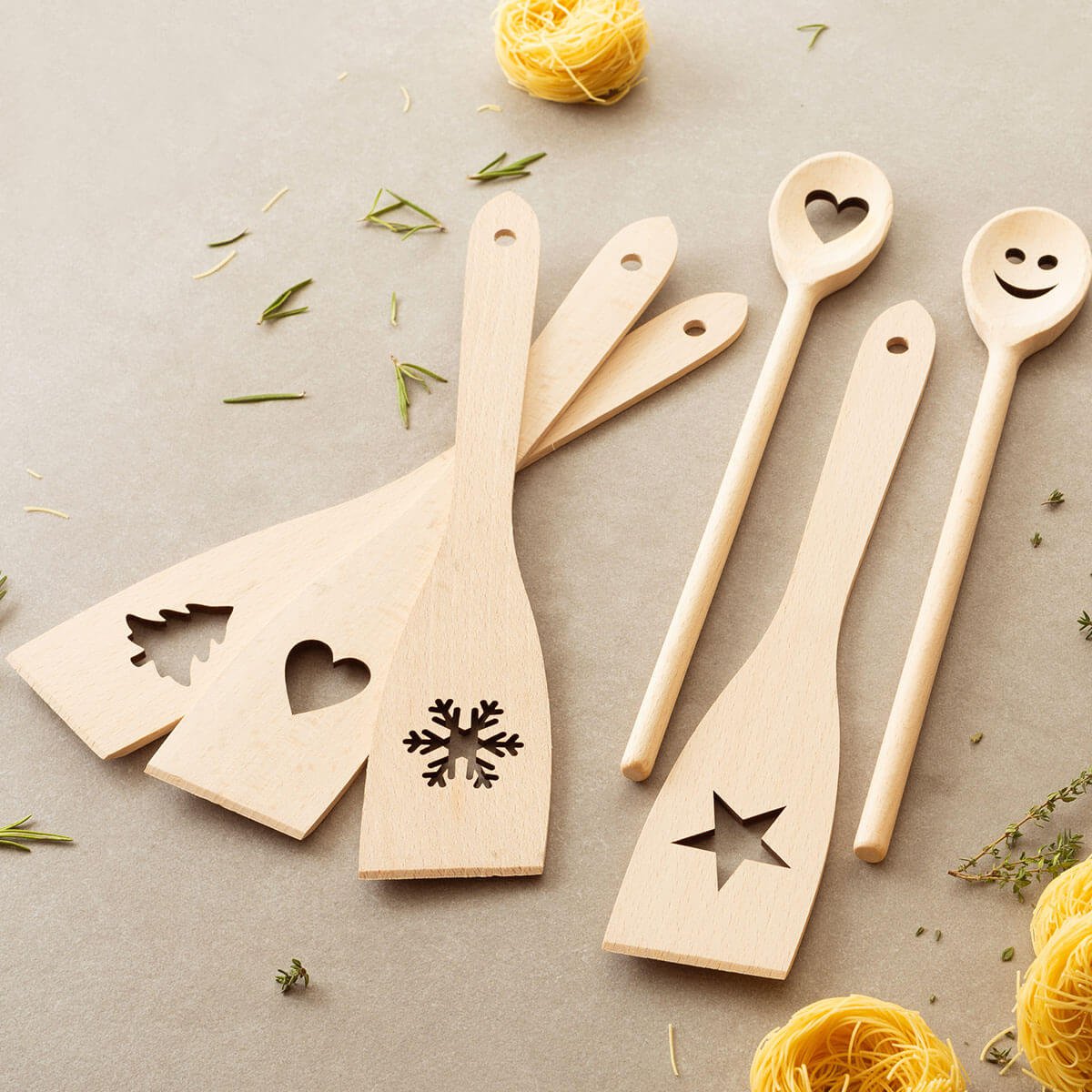 Ensemble d'ustensiles de cuisine en bois 6 pièces avec motif (cuillères de cuisine, spatules)