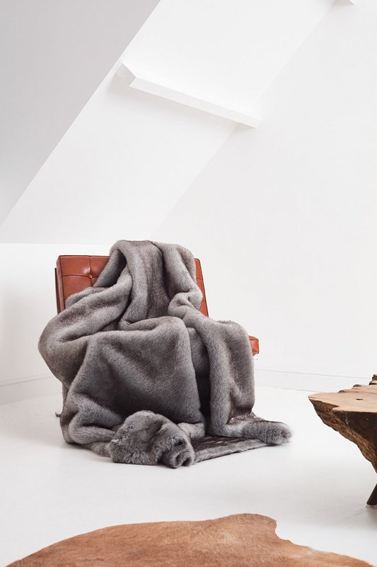 Faux-Fur throw Sydney lining in wool-cachemire melange Red