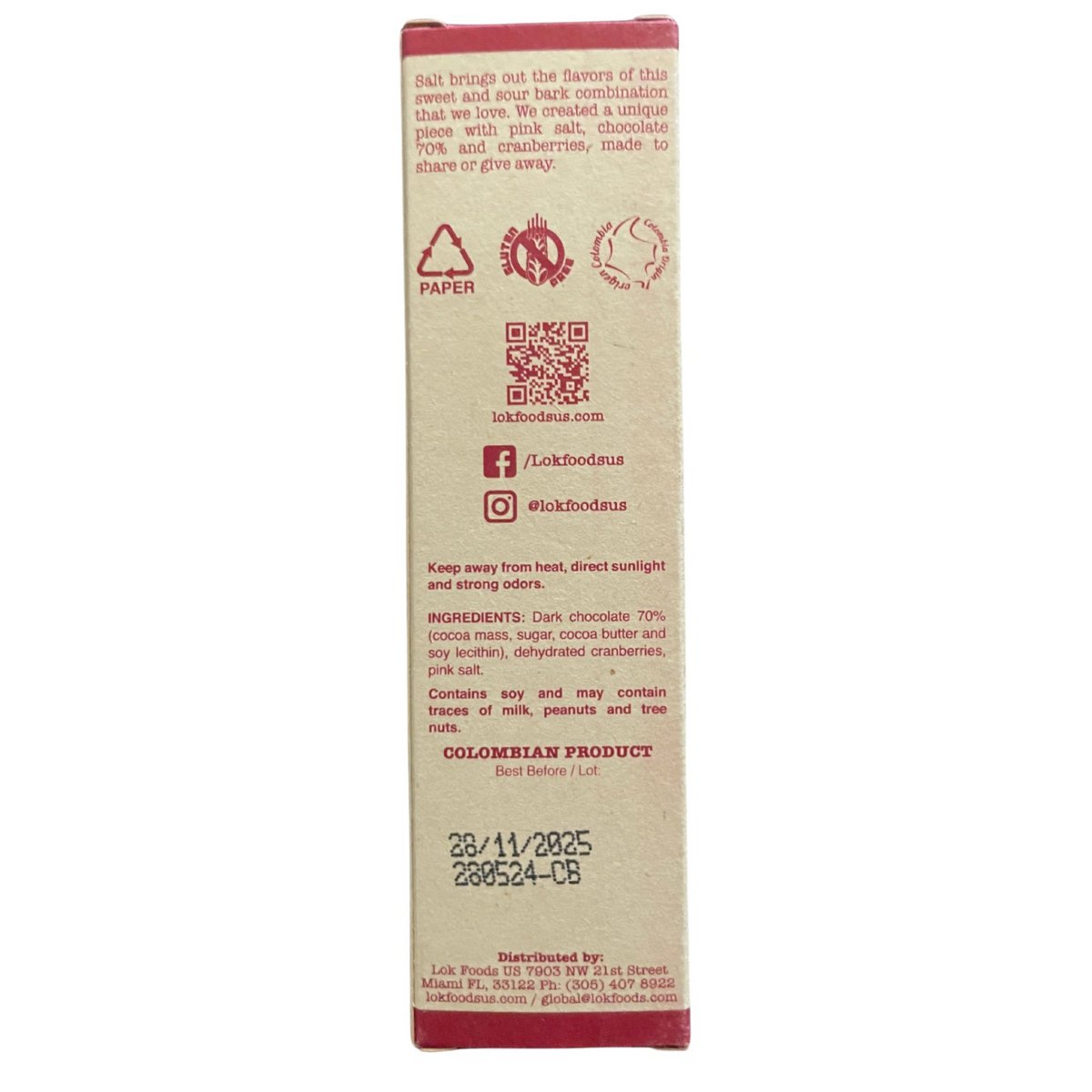 Barre de chocolat noir aux canneberges et sel rose | 70% de cacao | 35g