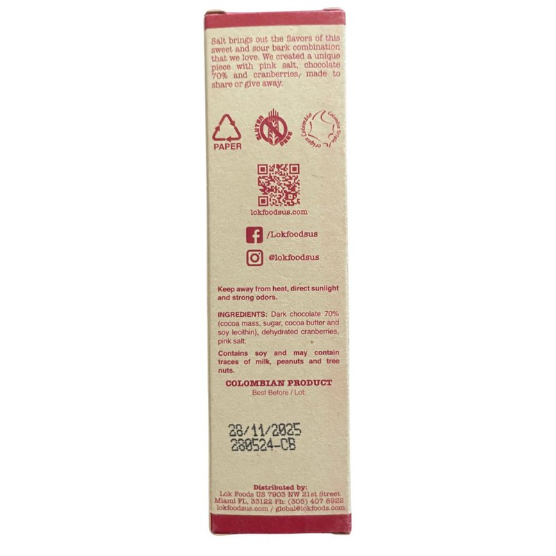 Barre de chocolat noir aux canneberges et sel rose | 70% de cacao | 35g