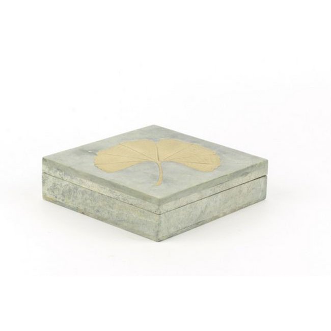 Grande boîte carrée plate en pierre avec gingko en laiton cuivré
