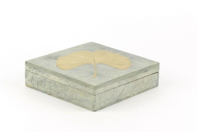 Grande boîte carrée plate en pierre avec gingko en laiton cuivré