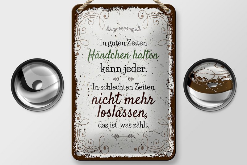 Blikken bord met de tekst 'Houd elkaars hand in goede tijden' bord van 12x18 cm