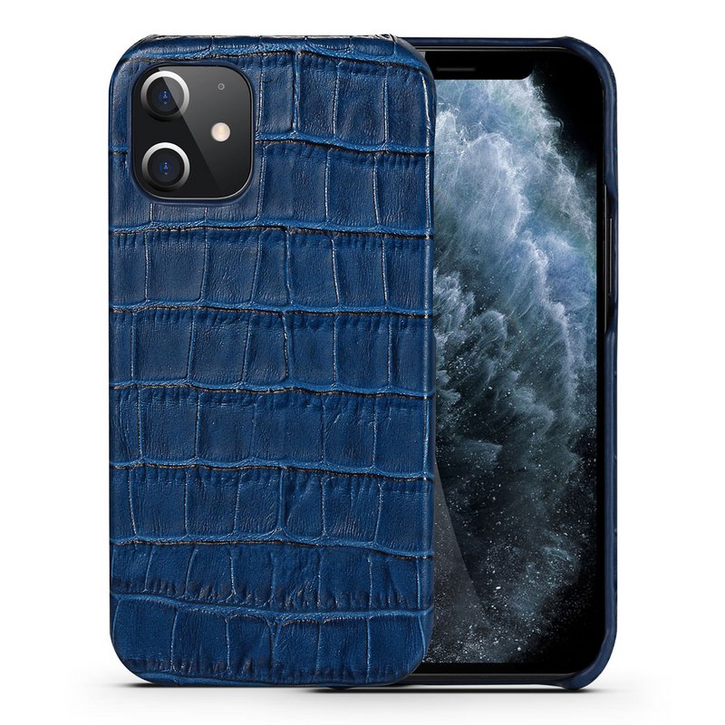 Beskyttelsesetui iPhone 12 Mini Mørkeblåt Læder Med Krokodilleprint - Apple iPhone 12 Mini Etui Blåt Læder Med Krokodilletryk