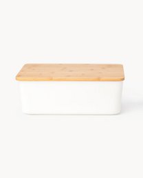  Rectangular bread box with white body and bamboo lid, available in white or black color options.