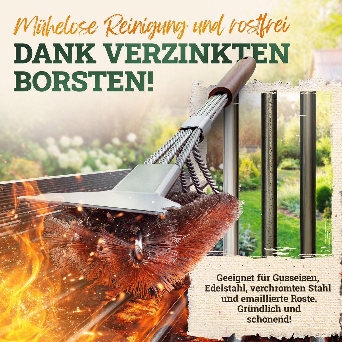Premium grillbørste rustfrit stål med skraber og greb lavet af acacia træ