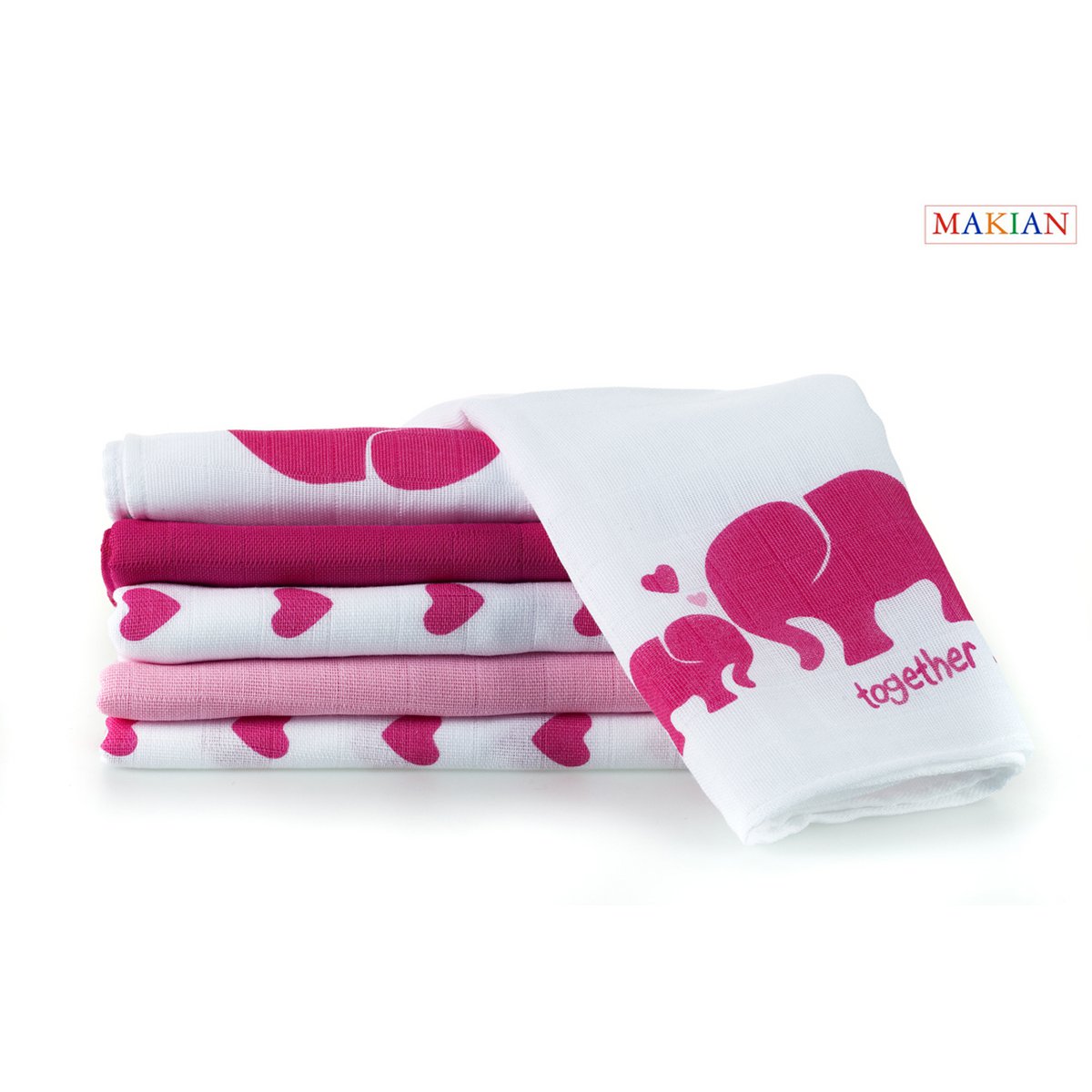 Pannolini idrofili Makian-80x80cm - Set di 6 pezzi-Testato Oeko-Tex-100% Cotone-Bianco/Rosa/Elefante