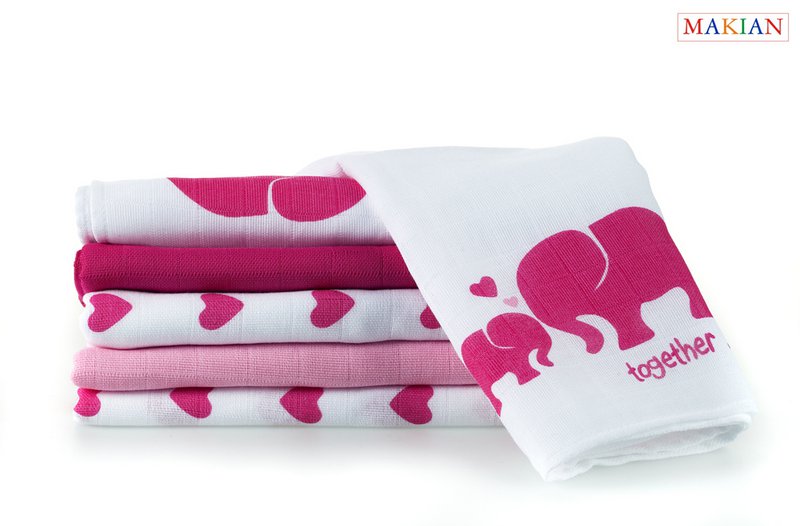 Makian Hydrophilic Diapers-80x80cm - Set of 6 pieces-Oeko-Tex tested-100% Cotton-White/Pink/Elephant