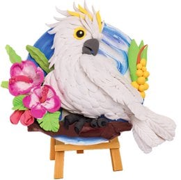 White cockatoo 3D sensory art craft with colorful flowers, nature-themed DIY painting kit for kids.