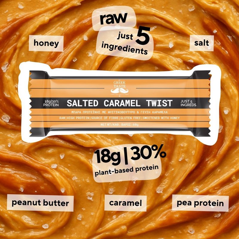 Gesalzenes Karamell -Twist Premium rohe glutenfreie Proteinbalken 30% - mygreektastaste - 60gr