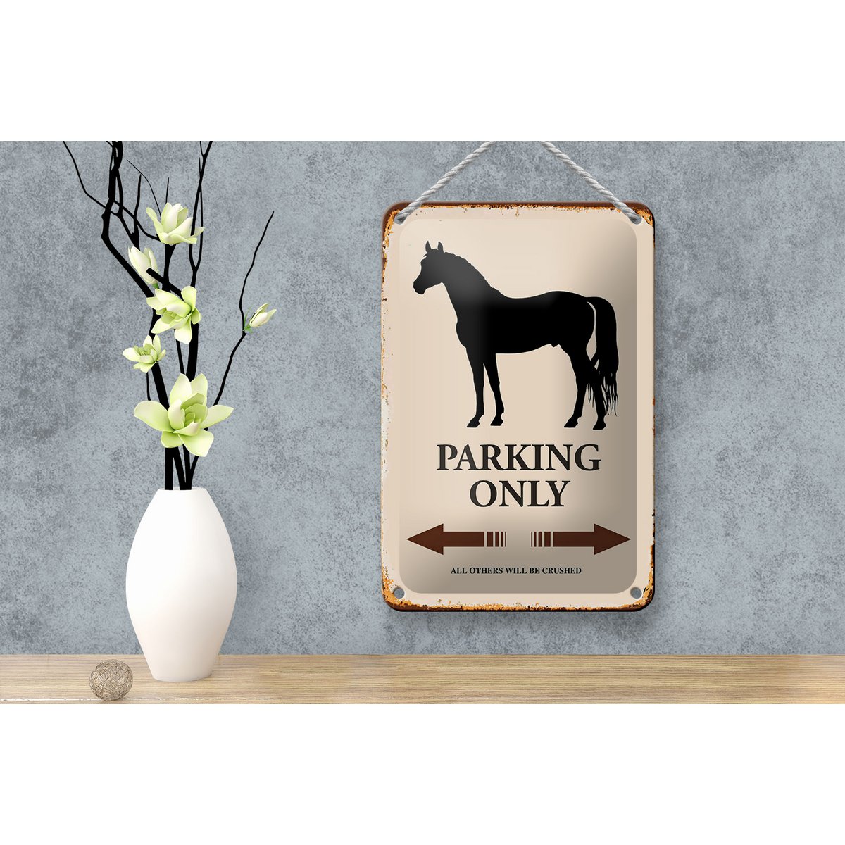 Blikken bord met de tekst 12x18cm Paardenparkeerplaats, alleen alle andere decoratie