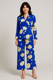 Chaqueta de kimono fluido de líquido azul con estampado floral - Fabricación francesa