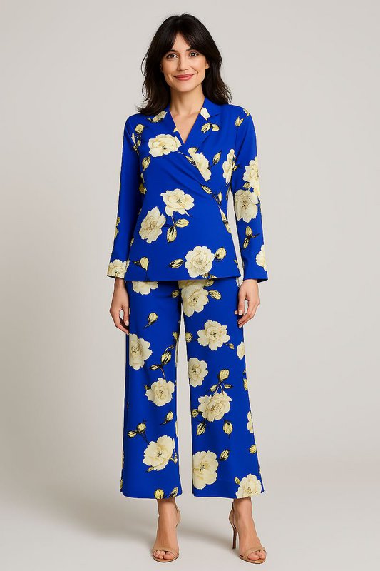 Chaqueta de kimono fluido de líquido azul con estampado floral - Fabricación francesa